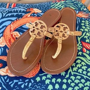 Tory Burch Mini Miller Snake-Embossed Flat Sandel in Trench Tan (Sz 8)